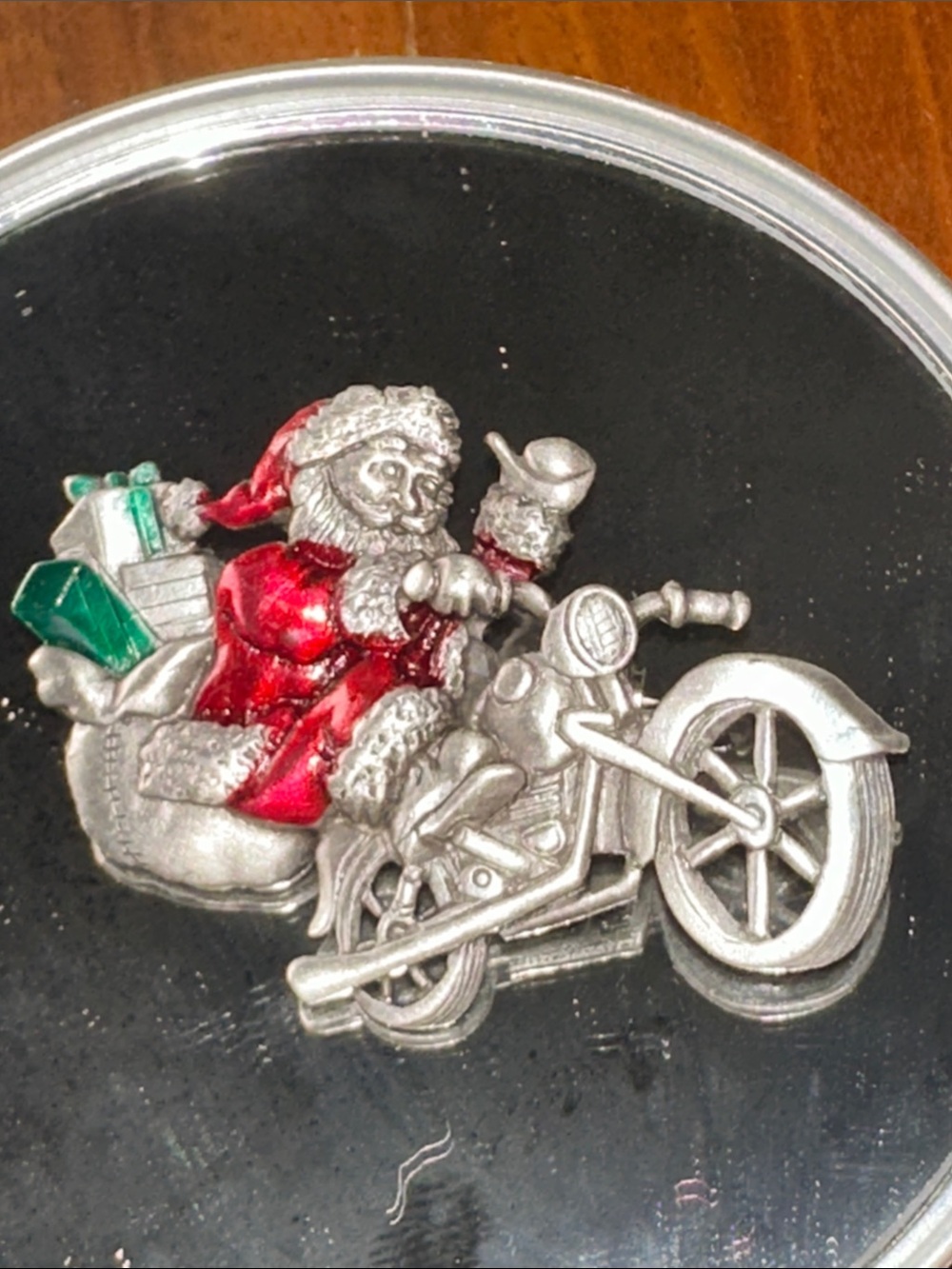Vintage Spoontiques Holiday Santa on Motorcycle Brooch Pin